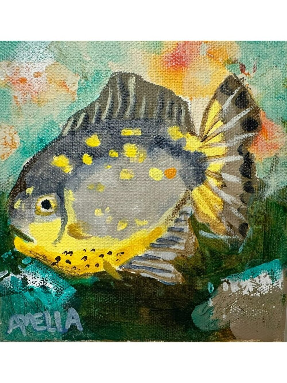 Hand-Painted Fish Canvas Wall Art Vibrant Colors Signed 6x6 Ready to Hang Wall